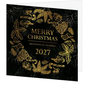 Kerstkaart met gouden kerstkrans en jaartal 2027