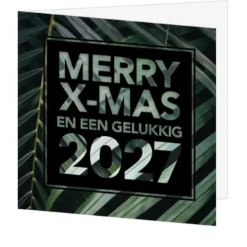 Stoere groene kerstkaart met palmbladeren en 2027