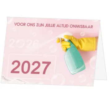 kerstkaart schoonmaak met spuitfles en jaartal 2027