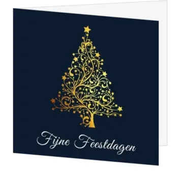 Kerstkaart met gouden kerstboom op donkerblauwe achtergrond