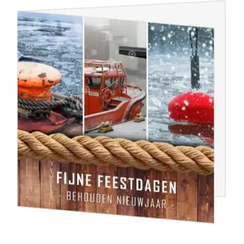 Maritieme kerstkaart met hout, touw en winterse foto's