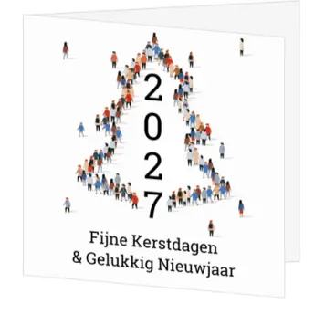Kerstkaart met kerstboom van mensen en jaartal 2027