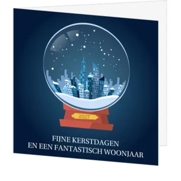 kerstkaart met sneeuwbol en stad 2027