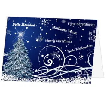 kerstkaart met blauwe kerstsfeer en kerstboom