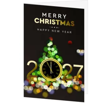kerstkaart met kerstboom, klok en 2027 in goud