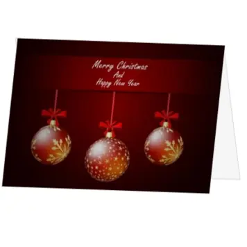 kerstkaart met drie rode kerstballen en gouden details
