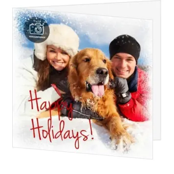 kerstkaart met foto en hond in de sneeuw