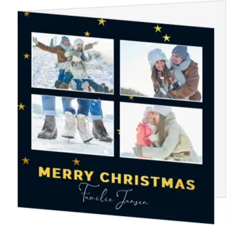 Kerstkaart met 4 foto's en gouden sterren