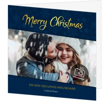 kerstkaart met foto in blauw en goud