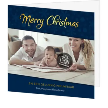 Kerstkaart met foto in blauw en goud