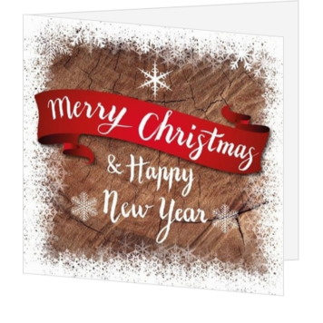 Kerstkaart met houten achtergrond en rode banner