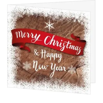 Kerstkaart met houten achtergrond en rode banner