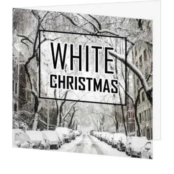 Kerstkaart met besneeuwde stad en White Christmas