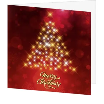 kerstkaart met fonkelende kerstboom op rode achtergrond