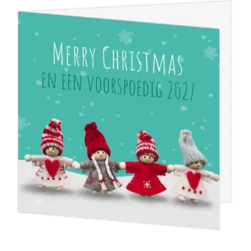 Kerstkaart met 4 kerstpoppetjes en 2027