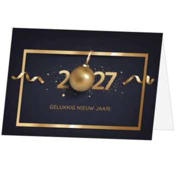 Kerstkaart met gouden 2027 en kerstbal