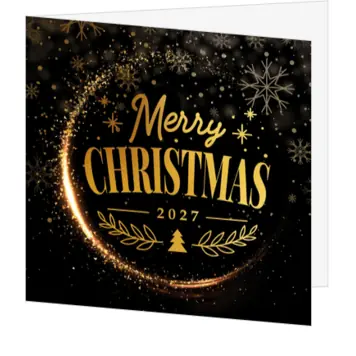 Zwarte kerstkaart met goud, sneeuwvlokken en 2027