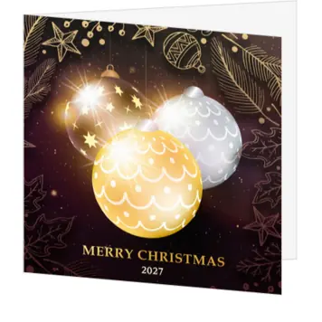 kerstkaart met glanzende kerstballen en 2027