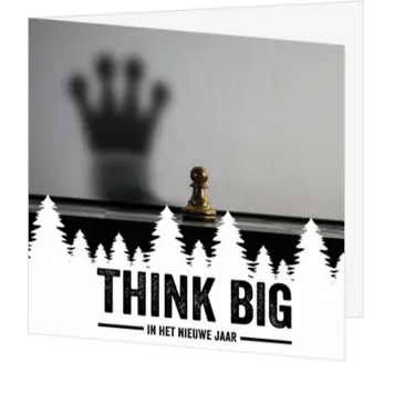 kerstkaart Think Big met schaakstuk en kerstbomen