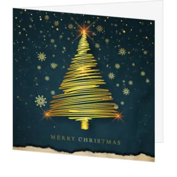 Luxe kerstkaart met gouden kerstboom op donkerblauw
