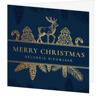 Kerstkaart in donkerblauw met goud en rendier
