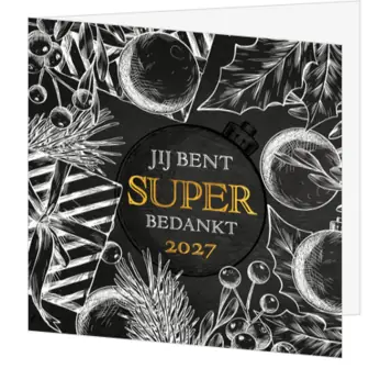 Kerstkaart met goud, zwart en kerstballen 2027