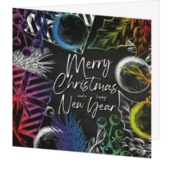 kerstkaart met kleurrijke krijtlook op zwarte achtergrond