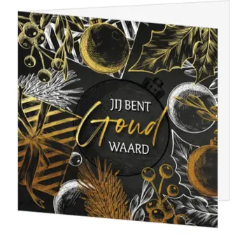kerstkaart in zwart met goud en kerstballen