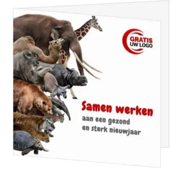 Kerstkaart met dieren en de tekst Samen werken