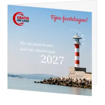 kerstkaart met vuurtoren en jaartal 2027