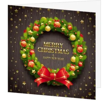 Kerstkaart met kerstkrans, gekleurde kerstballen en rode strik
