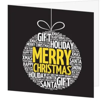 kerstkaart met typografische kerstbal op zwarte achtergrond