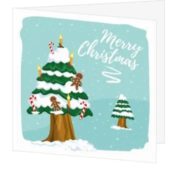 Kerstkaart met besneeuwde kerstboom en Merry Christmas