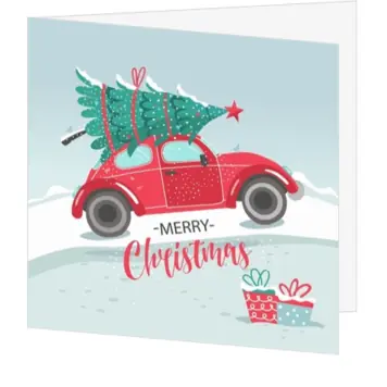 Kerstkaart met rode auto en kerstboom op het dak