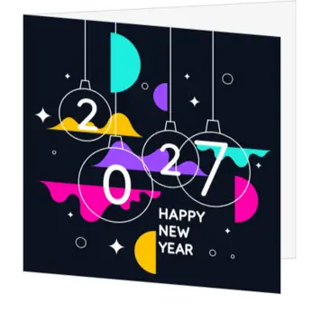 kerstkaart met jaartal 2027 en kleurrijke kerstballen