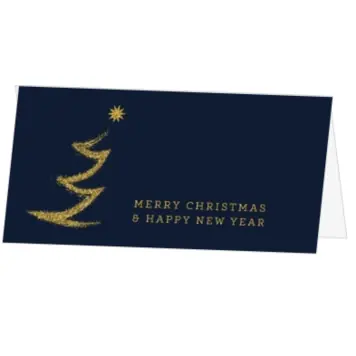 kerstkaart met gouden kerstboom op donkerblauwe achtergrond