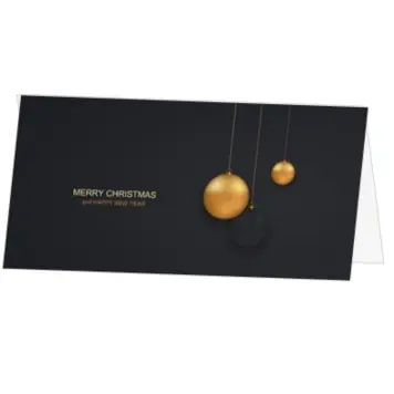 Kerstkaart met gouden kerstballen op donkere achtergrond