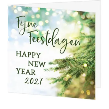 Kerstkaart met kersttakken, lichtjes en 2027