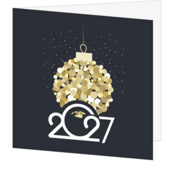 kerstkaart met kerstbal van gouden cirkels en 2027