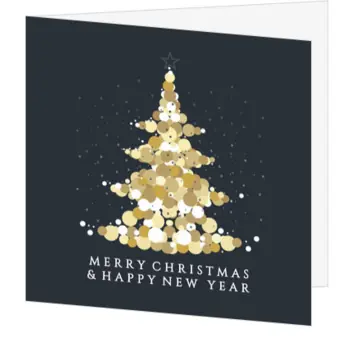 kerstkaart met goudkleurige kerstboom op donkerblauw