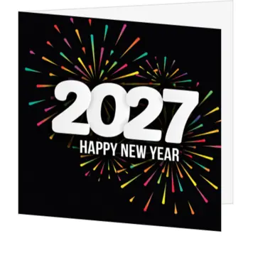kerstkaart met 2027 en kleurrijk vuurwerk