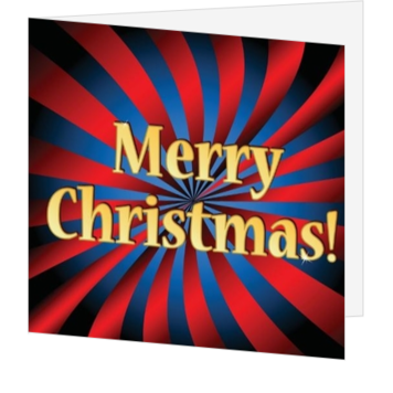 Kerstkaart met rood-blauwe swirl en gouden Merry Christmas