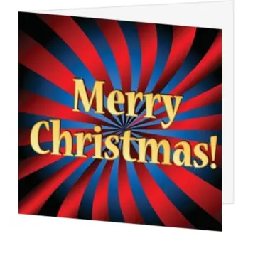 Kerstkaart met rood-blauwe swirl en gouden Merry Christmas