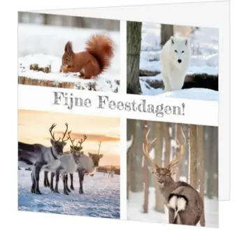 Kerstkaart met dieren in de sneeuw