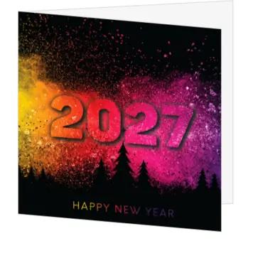 Kerstkaart met jaartal 2027 en kleurrijke verfexplosie