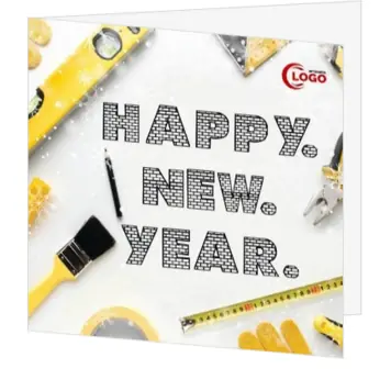 Kerstkaart met gereedschap en Happy New Year