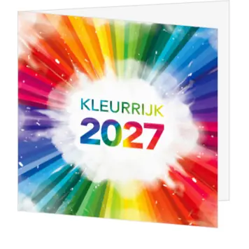 Kerstkaart met kleurrijke typografie en jaartal 2027