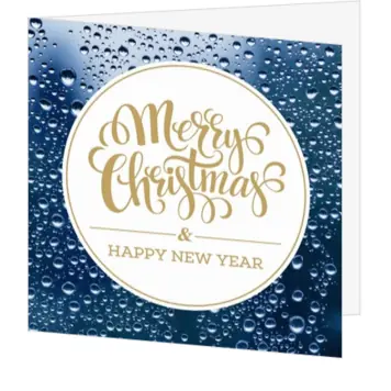 kerstkaart met waterdruppels en gouden kerstgroet