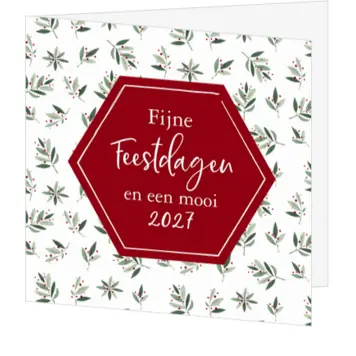 Kerstkaart met kersttakjes en rode hexagon