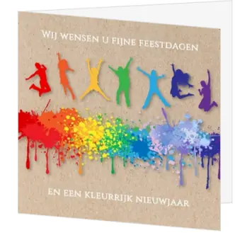 Kerstkaart met kleurrijk team op kraft
